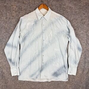 Ross Graison Shirt Mens Large Blue Geometric 100% Linen Button Up Casual